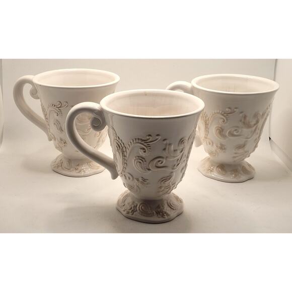 Cups/Mugs-Roscher-Cream on Cream-"Paisley Collection"-Relief-Footed-Set of 3 - Picture 3 of 15